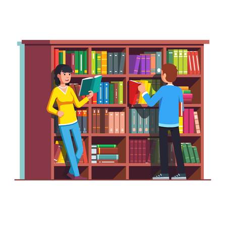 Two people standing in front of wooden bookcaseのイラスト素材