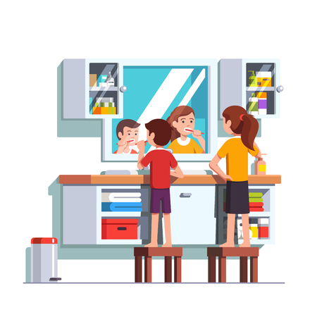 Kids brushing teeth with toothbrushes together Vector illustration.のイラスト素材