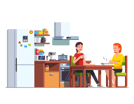 Two girls eating lunch together at home kitchen Vector illustration.のイラスト素材