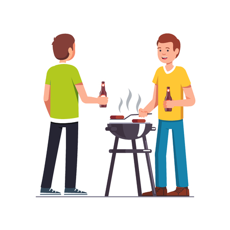 Man doing barbecue, grilling meat outdoorsの写真素材