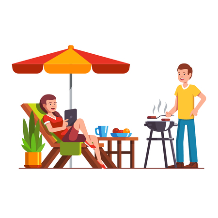 Husband doing barbecue grilling meat outdoors, wife lying on lounger under parasol. Man and woman family couple relaxing outside coking bbq. Home backyard paprty. Flat cartoon vector illustration.のイラスト素材
