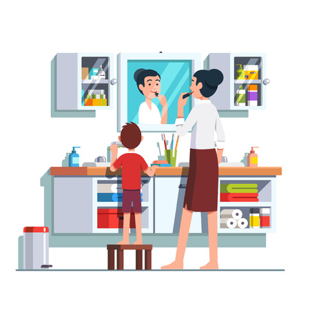 Mother and son getting ready together. Home bathroom interior with vanity cabinet.のイラスト素材