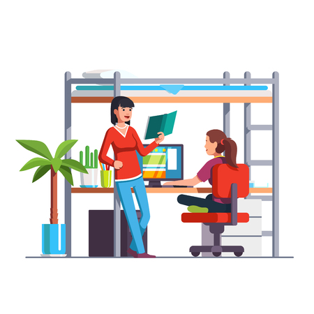 Two student friends studying, reading book, doing homework together at home bedroom. Teen girl sitting at desk bunk bed and surfing internet. Dormitory room. Flat style vector illustration isolated.のイラスト素材