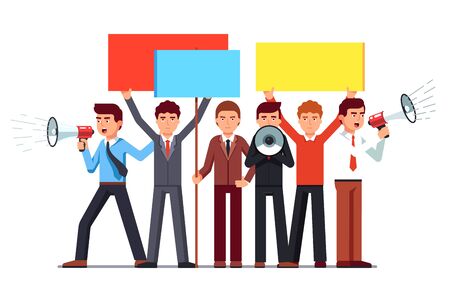 Political agitator business men crowd shouting with loud speakers and holding placards. Protesting people on demonstration. Flat style vector illustration isolated on white background.のイラスト素材