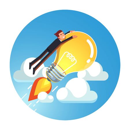 Business man riding rocket lightbulb up into skyのイラスト素材