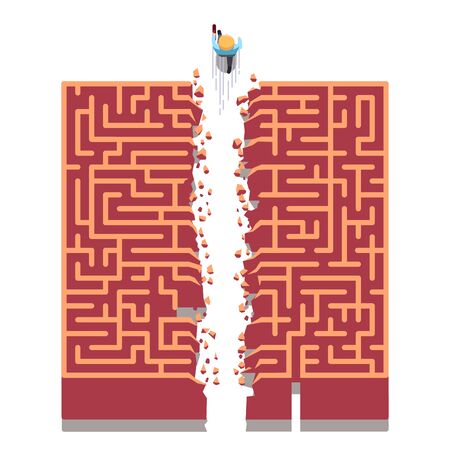 Business man running right through maze walls breaking new path. Overcoming difficulties, finding non-standard solutions metaphor. Flat style thin line vector illustration isolated on white backgroundのイラスト素材
