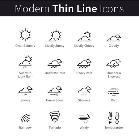 Weather forecast infographic icons with sky and clouds conditions, temperature. Light, moderate and heavy rain showers, snow and wind. Modern thin line art icons. Linear style isolated illustrationsのイラスト素材