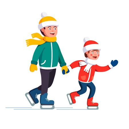 Father teaching his kid to ice skate on ice-rinkのイラスト素材