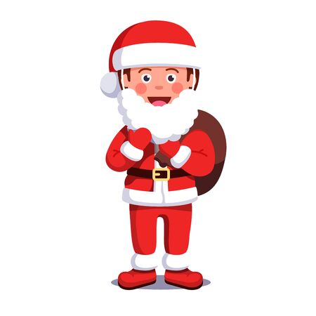 Smiling Santa Claus dressed boy kid with fake beard holding sack full of gifts. Merry Christmas and Happy New Year greeting card template. Flat style vector illustration isolated on white background.のイラスト素材