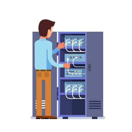 Sysadmin man working with server rack switchboardのイラスト素材