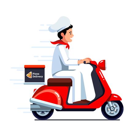 Delivery man delivering pizza on scooter motorのイラスト素材