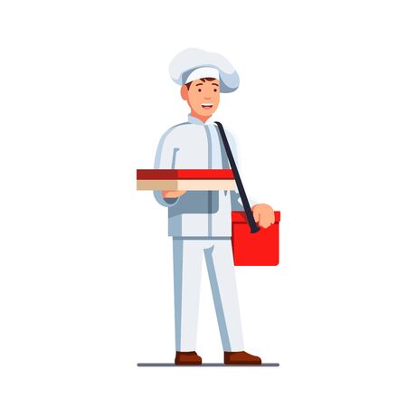 Delivery man in chef cook uniform and hat with shoulder bag on belt holding pizza delivery box in right hand. Flat style vector illustration isolated on white background.のイラスト素材