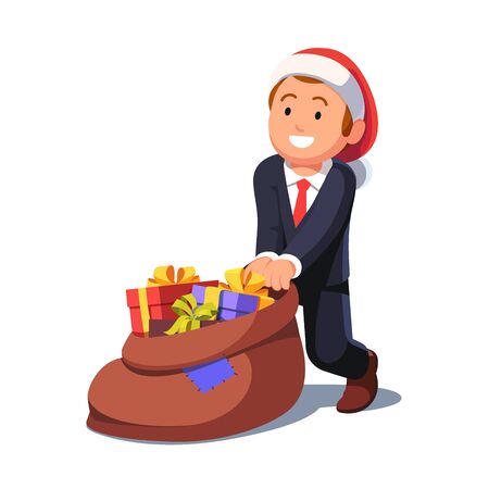 Business man dragging Santas sack with presentsのイラスト素材