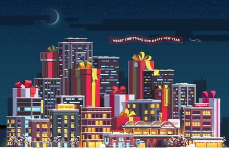 Merry Christmas and New Year night cityscapeのイラスト素材