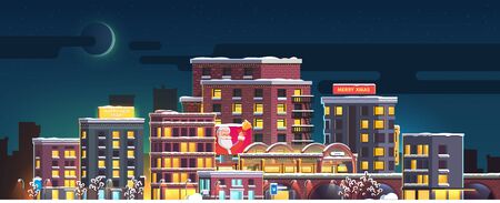 Merry Christmas night small town district squareのイラスト素材