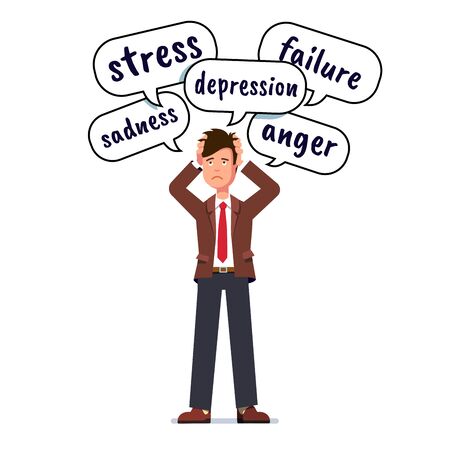 Depressed, stressed business man holding head with both hands. Stress, depression, failure, anger and sadness thoughts in speech bubbles over business person head. Flat character vector illustrationのイラスト素材