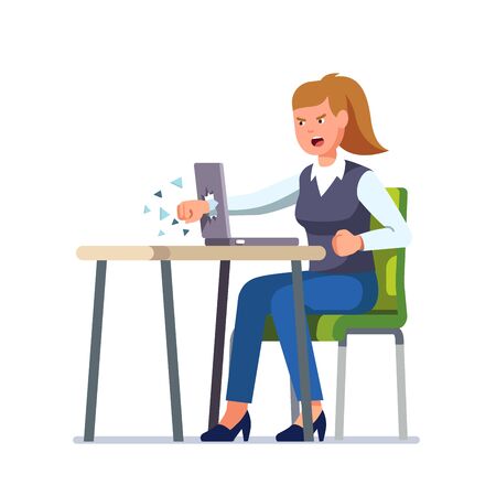 Angry business woman breaks her laptop computer hitting it with a clenched fist sitting at desk. Frustrated woman punching hole in pc screen shattering it to pieces. Flat vector character illustrationのイラスト素材