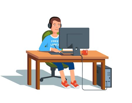 Freelance graphic designer drawing with digitizer pen, tablet working on desktop pc workstation. Freelancer sitting at the desk on swiveling office chair. Flat isolated vector character illustrationのイラスト素材