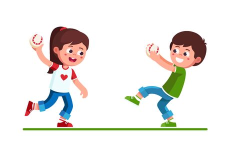 Preschool boy and girl playing with baseball gameの販売画像