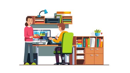 Young illustrator and graphic designer freelancer man drawing sketch on tablet screen. Mother brings sandwiches. Digital artist workplace interior. Apartment room, home. Flat style vector illustrationのイラスト素材