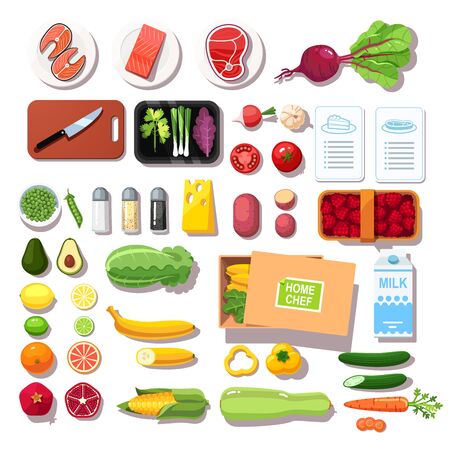 Various pre-portioned ingredients and recipes meal kit. Groceries, meat, fish, vegetables, fruits, spices set. Meal kit delivery service. Flat vector illustration isolated on white backgroundのイラスト素材