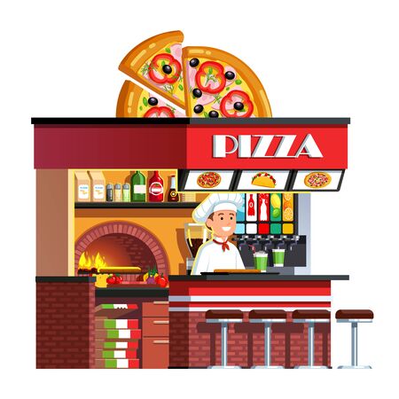 Cook chef serving pizza at Italian pizzeria shopのイラスト素材