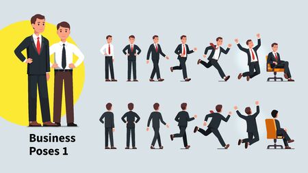 Business man poses and actions set. Front and back views of business person collection. Businessman standing, walking, running, celebrating success, sitting in office chair. Flat vector illustrationのイラスト素材