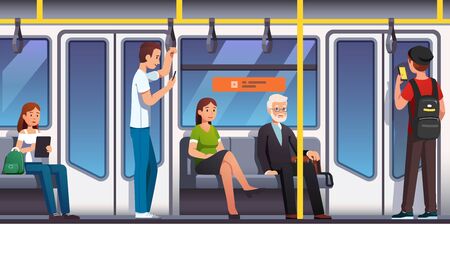 People sitting and standing inside subway trainのイラスト素材