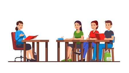 University or college classroom lesson. Teacher conducts a lecture speaking to students group class sitting at school desks studying. Flat style cartoon character vector isolated illustrationのイラスト素材