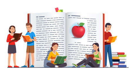 People reading books next to big open paper bookのイラスト素材