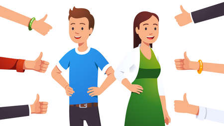 Man, woman surrounded by thumbs up gesturing handsのイラスト素材