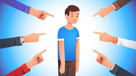 Sad man surrounded by hands pointing him outの写真素材