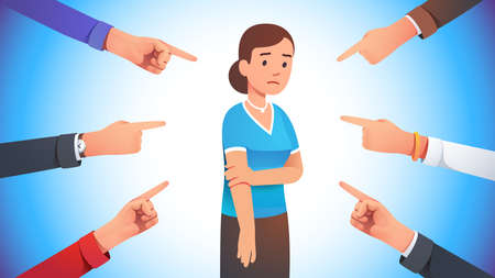 Sad woman surrounded by hands pointing her outの写真素材