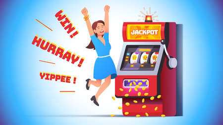 Slot machine jackpot win. Lucky woman celebratingの写真素材