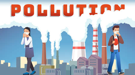 Smog polluted urban landscape with coughing peopleのイラスト素材
