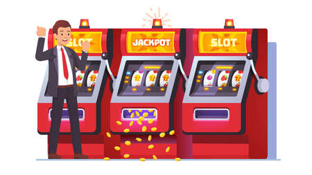 Slot machine jackpot win. Lucky man celebratingのイラスト素材
