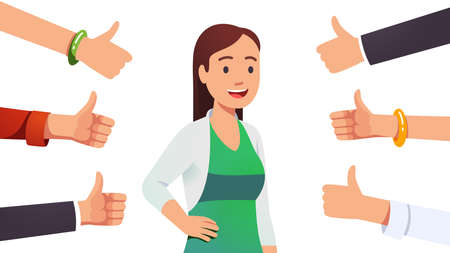 Woman surrounded by thumbs up gesturing handsのイラスト素材