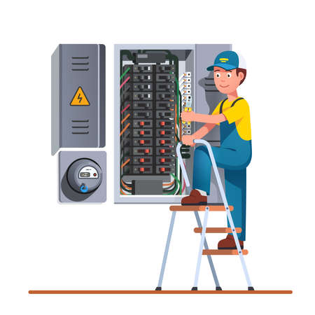 Electrician engineer man working with fuse boxのイラスト素材