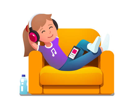 Girl in armchair enjoying music playing on phoneのイラスト素材