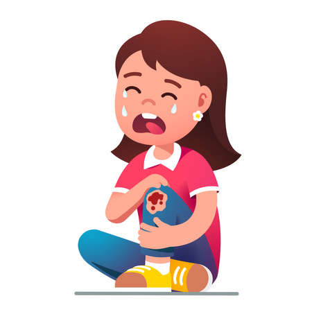 Kid girl sitting crying in pain over hurt kneeのイラスト素材