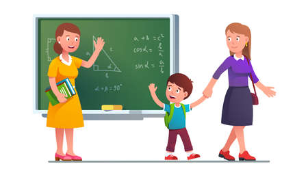 Mother picking up boy kid from school classのイラスト素材