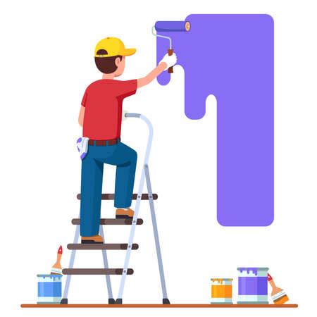 Painter man painting house wall with roller brushのイラスト素材