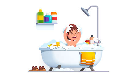 Kid having bath washing head and body with shampooのイラスト素材