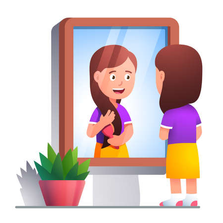 Girl brushing hair with comb in front of mirrorのイラスト素材