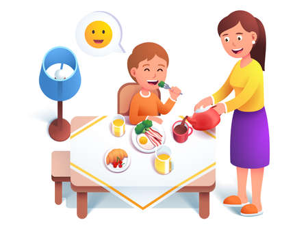 Kid eating breakfast meal, Mother serving tableのイラスト素材