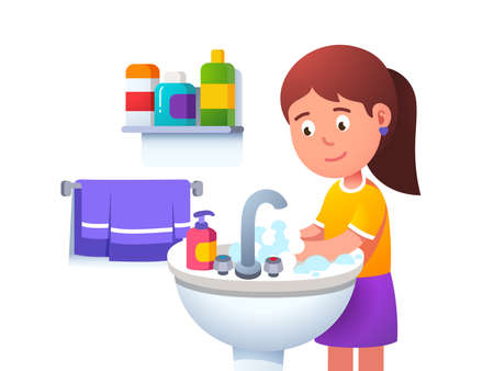 Kid girl washing hands at washbowl sink basinのイラスト素材