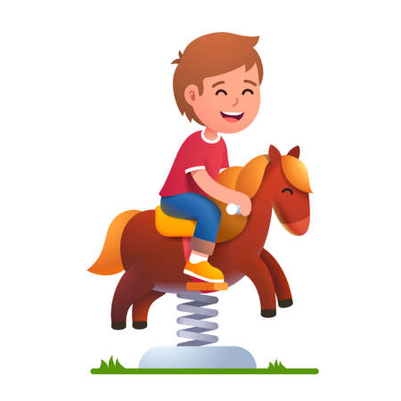 Preschool kid play riding rocking horse on springのイラスト素材