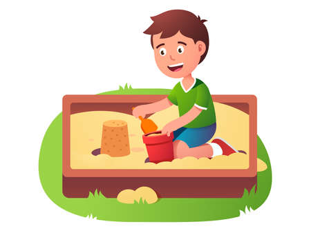 Child sandbox game. Happy kid play in sand pitのイラスト素材