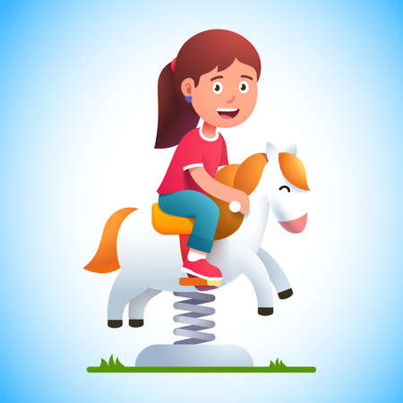 Preschool kid play riding rocking horse on springのイラスト素材