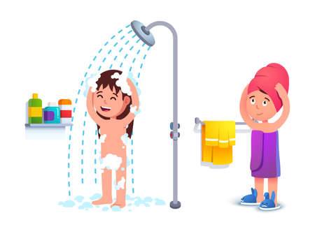 Little girl taking shower. Kid using towelのイラスト素材
